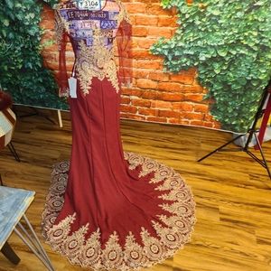 Gorgeous deep red gown with gold colored detailed work & rainbow stones